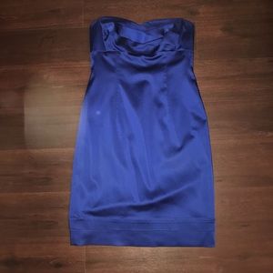 blue strapless dress — satiny fabric!